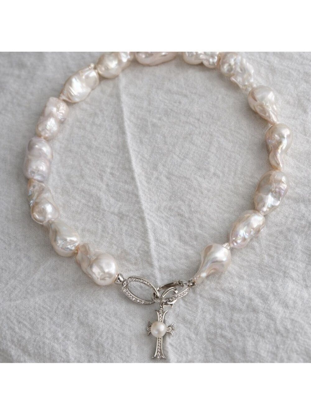 Baroque Pearl Cross Necklace – Detachable Pendant, Large Statement Pearls